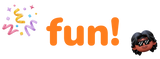 Colorful  word 'fun!' and a character and confetti